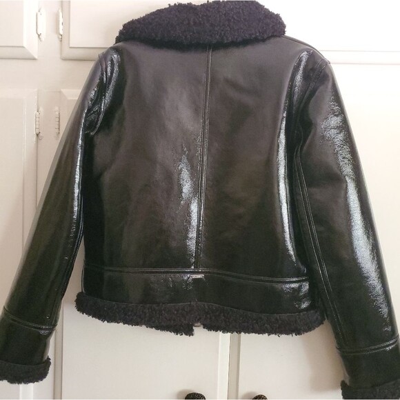 Guess Gift Black Bomber Jacket Faux Leather And Sherling Size M Shiny Vegan - Picture 9 of 9